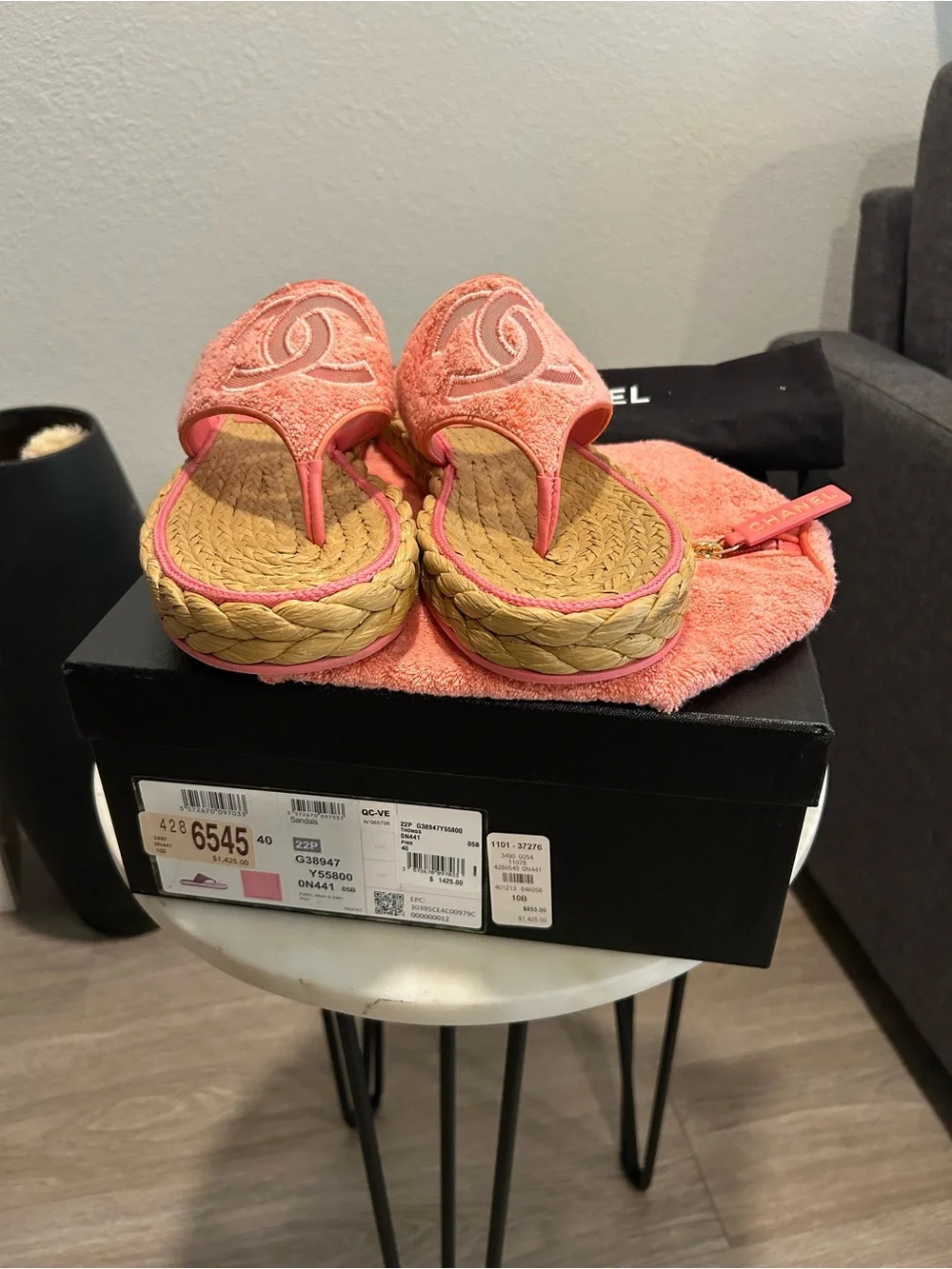 CHANEL Kids Coral Pink Terrycloth Espadrille Thong Sandals